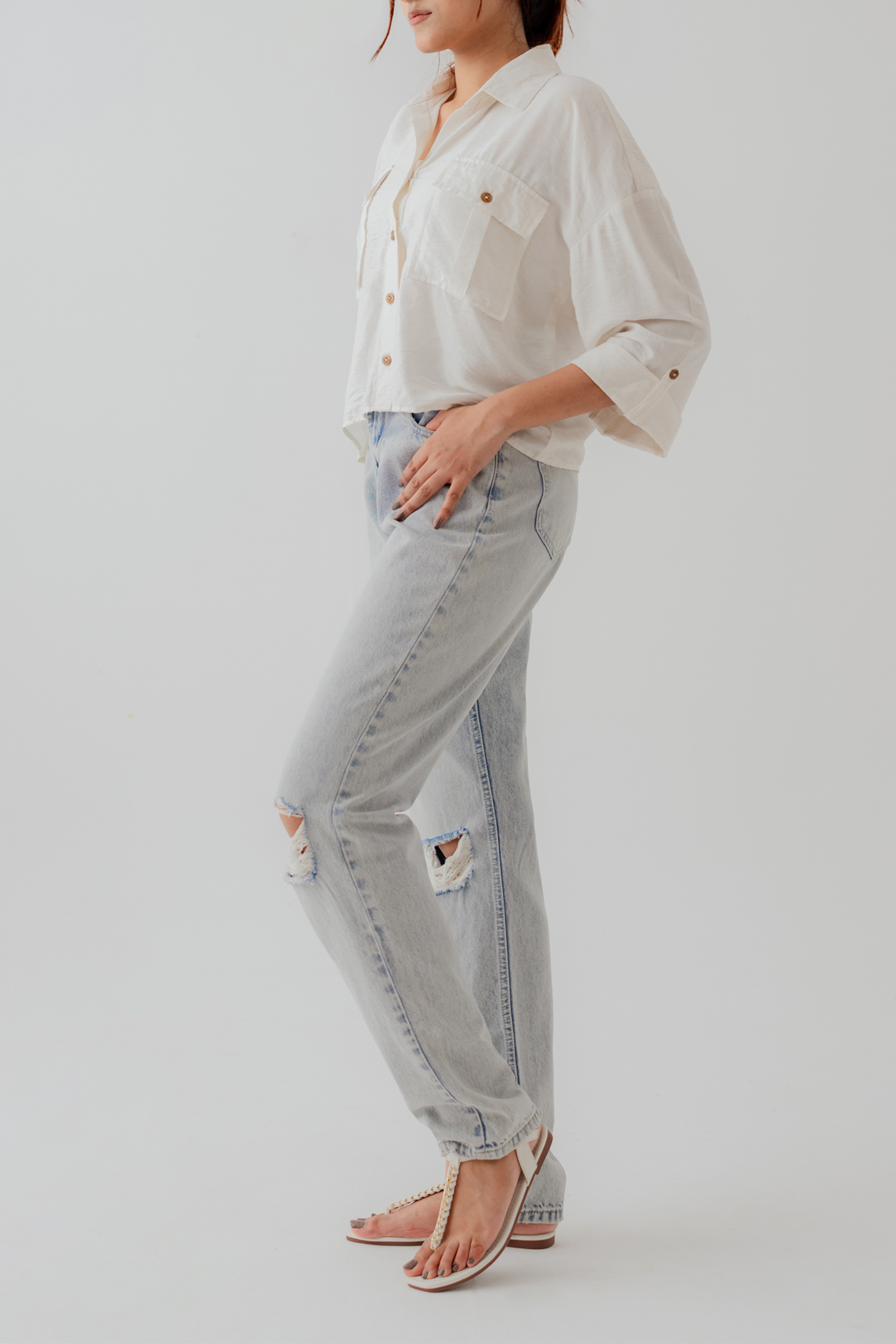 White Cotton Relaxed Fit Crop Button Down Shirt - Hustle N Holla