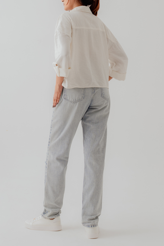 White Cotton Relaxed Fit Crop Button Down Shirt - Hustle N Holla