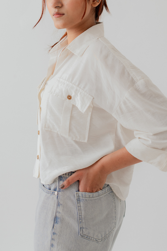 White Cotton Relaxed Fit Crop Button Down Shirt - Hustle N Holla