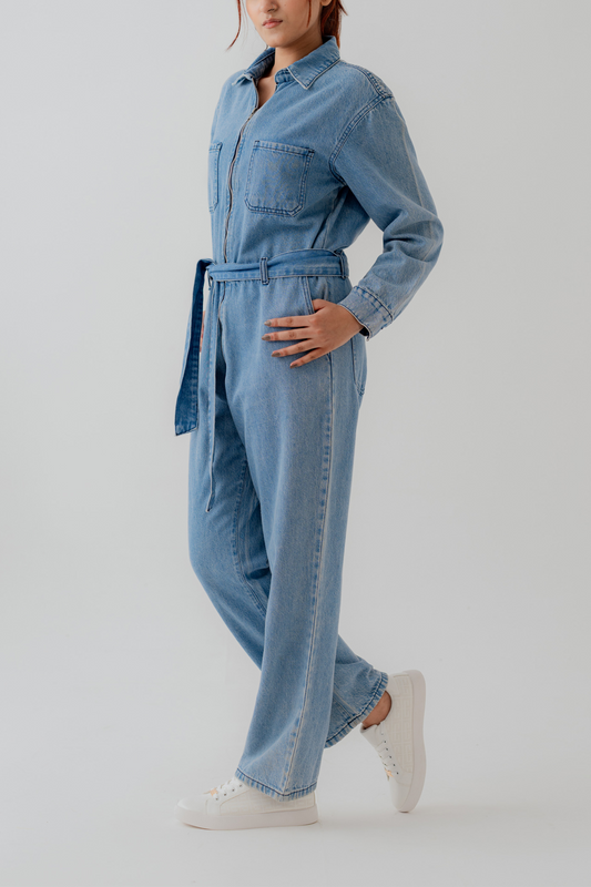Light Wash Belted Denim Jumpsuit - Hustle N Holla