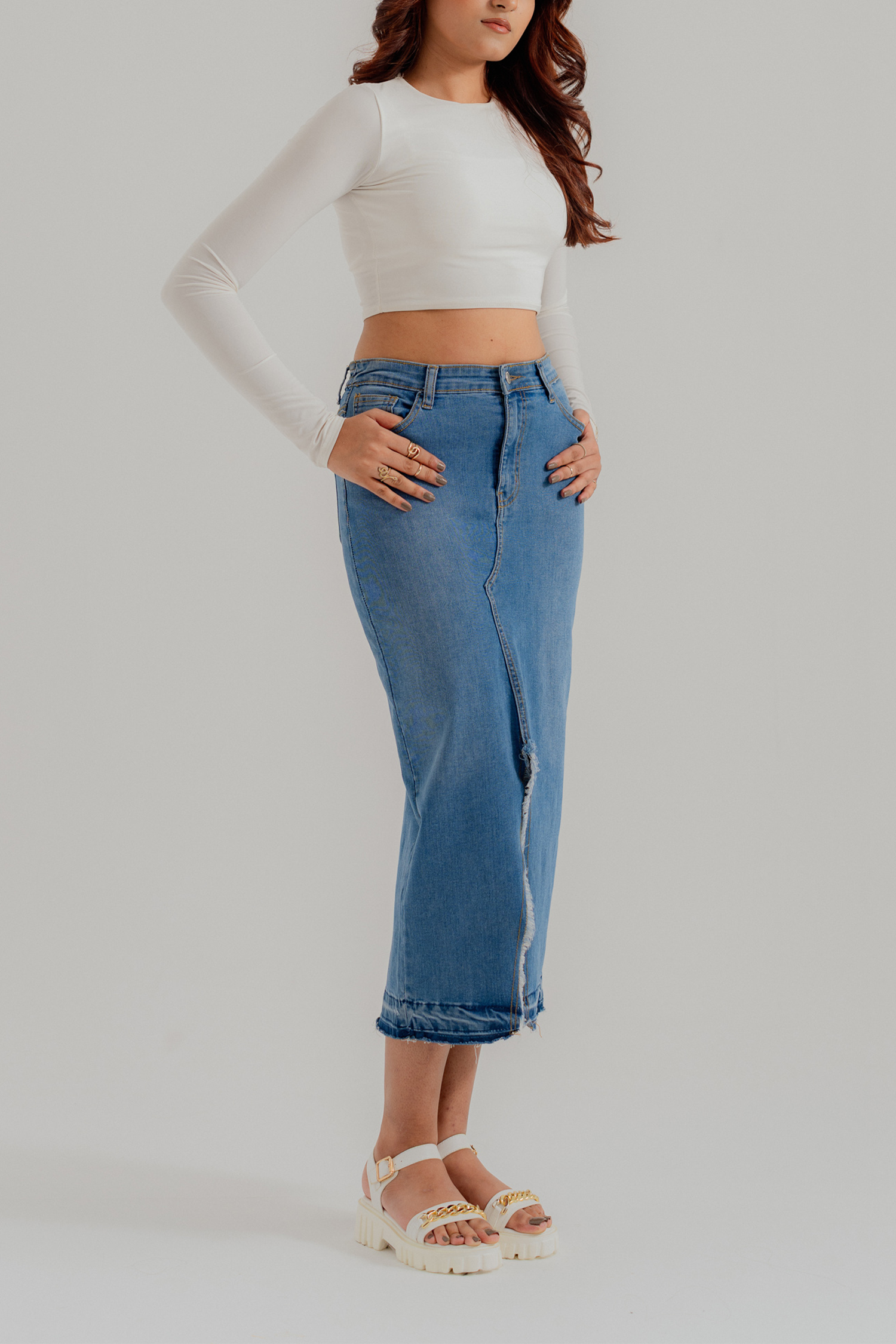 Mid Blue Denim Midi Skirt with Slit - Hustle N Holla