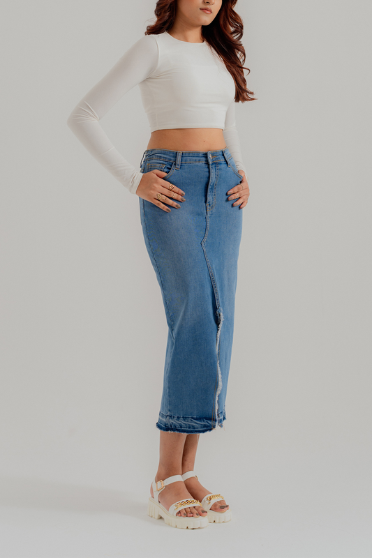 Mid Blue Denim Midi Skirt with Slit - Hustle N Holla