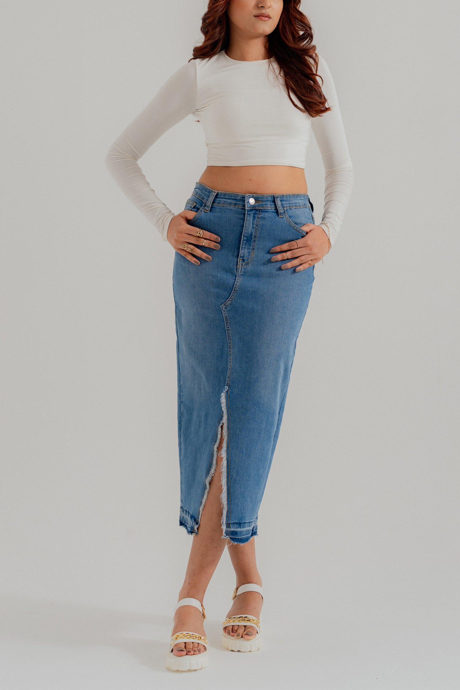 Mid Blue Denim Midi Skirt with Slit