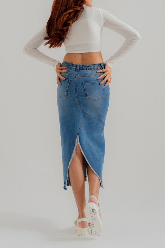 Mid Blue Denim Midi Skirt with Slit - Hustle N Holla