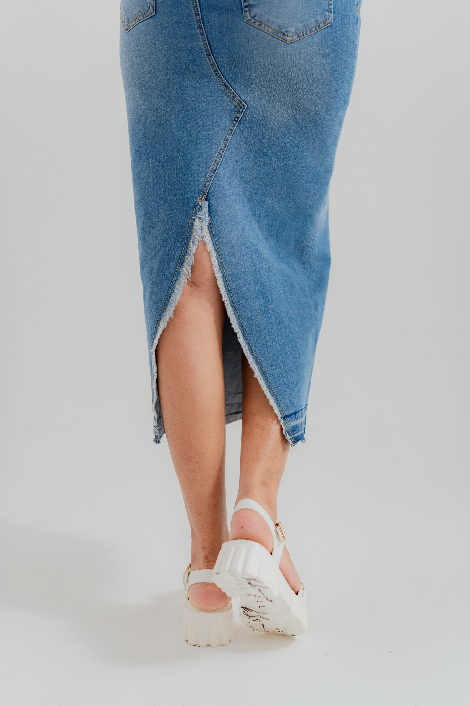Mid Blue Denim Midi Skirt with Slit - Hustle N Holla
