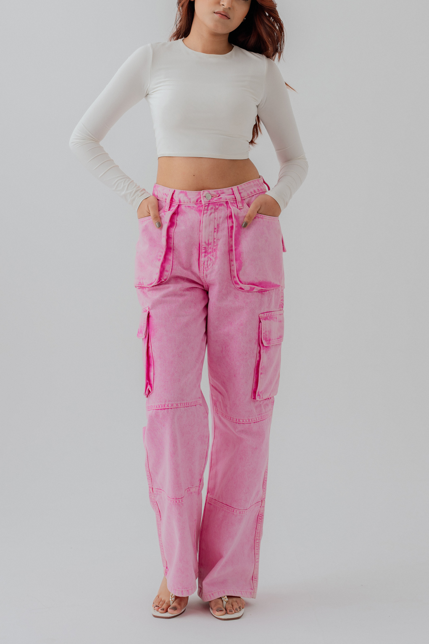 Pink Wide leg Cargo Pockets Jeans