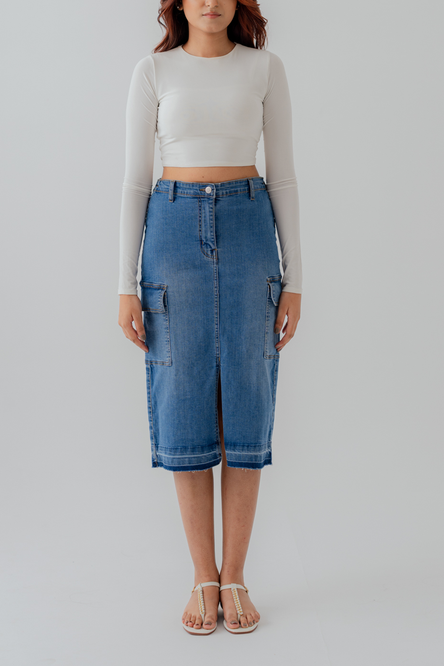 Mid Blue Denim Midi Skirt with Cargo Pockets - Hustle N Holla