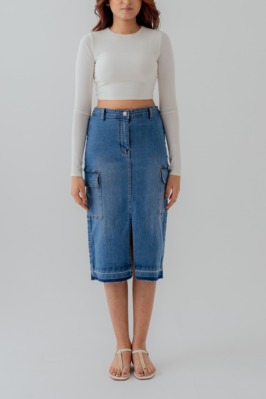 Mid Blue Denim Midi Skirt with Cargo Pockets - Hustle N Holla