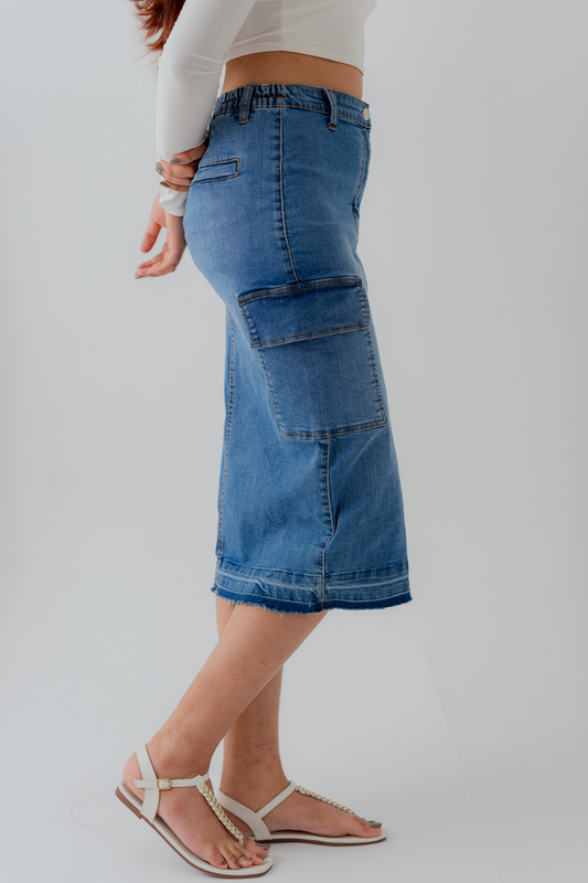 Mid Blue Denim Midi Skirt with Cargo Pockets - Hustle N Holla