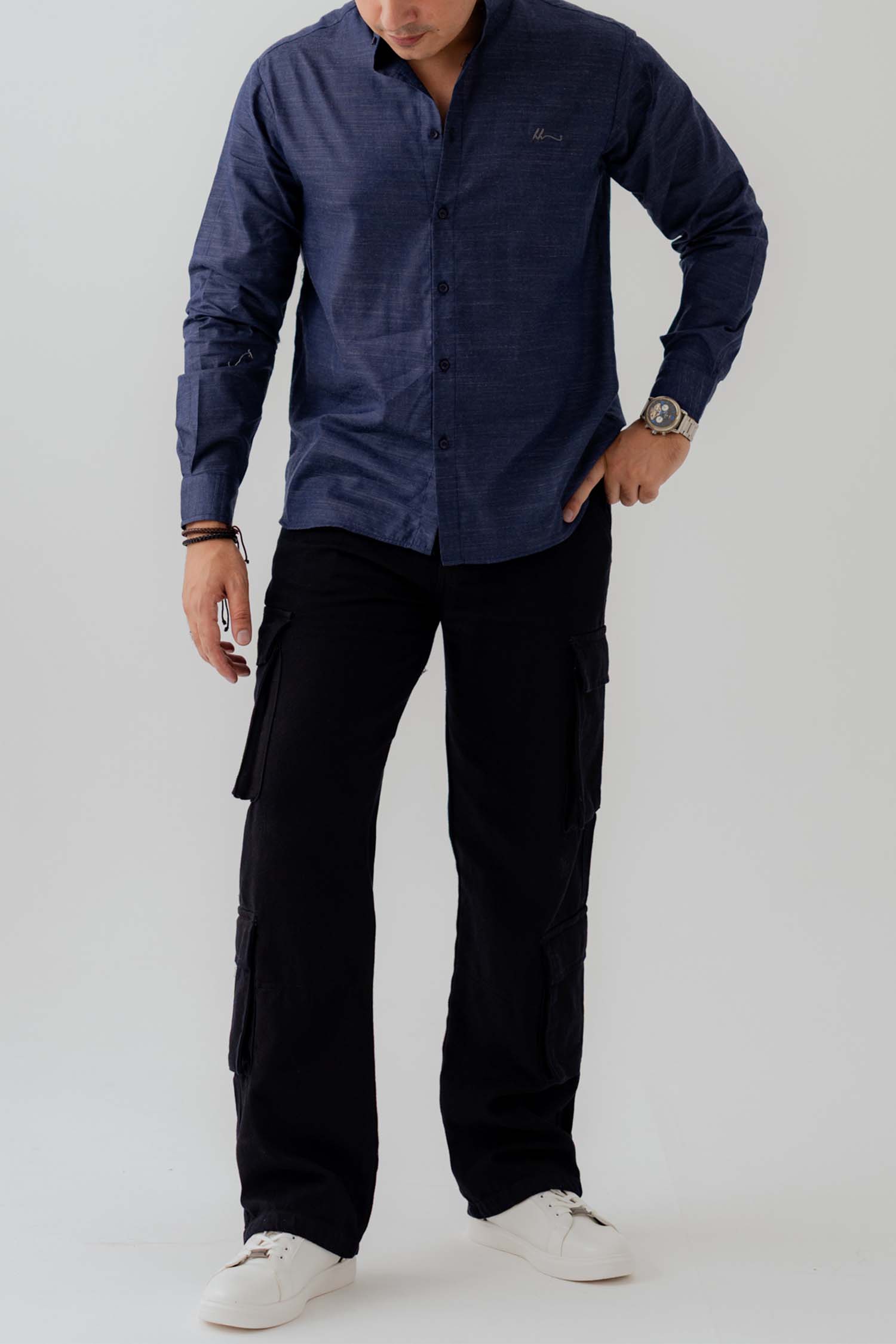 Navy Blue Band Collar Relaxed Fit Shirt