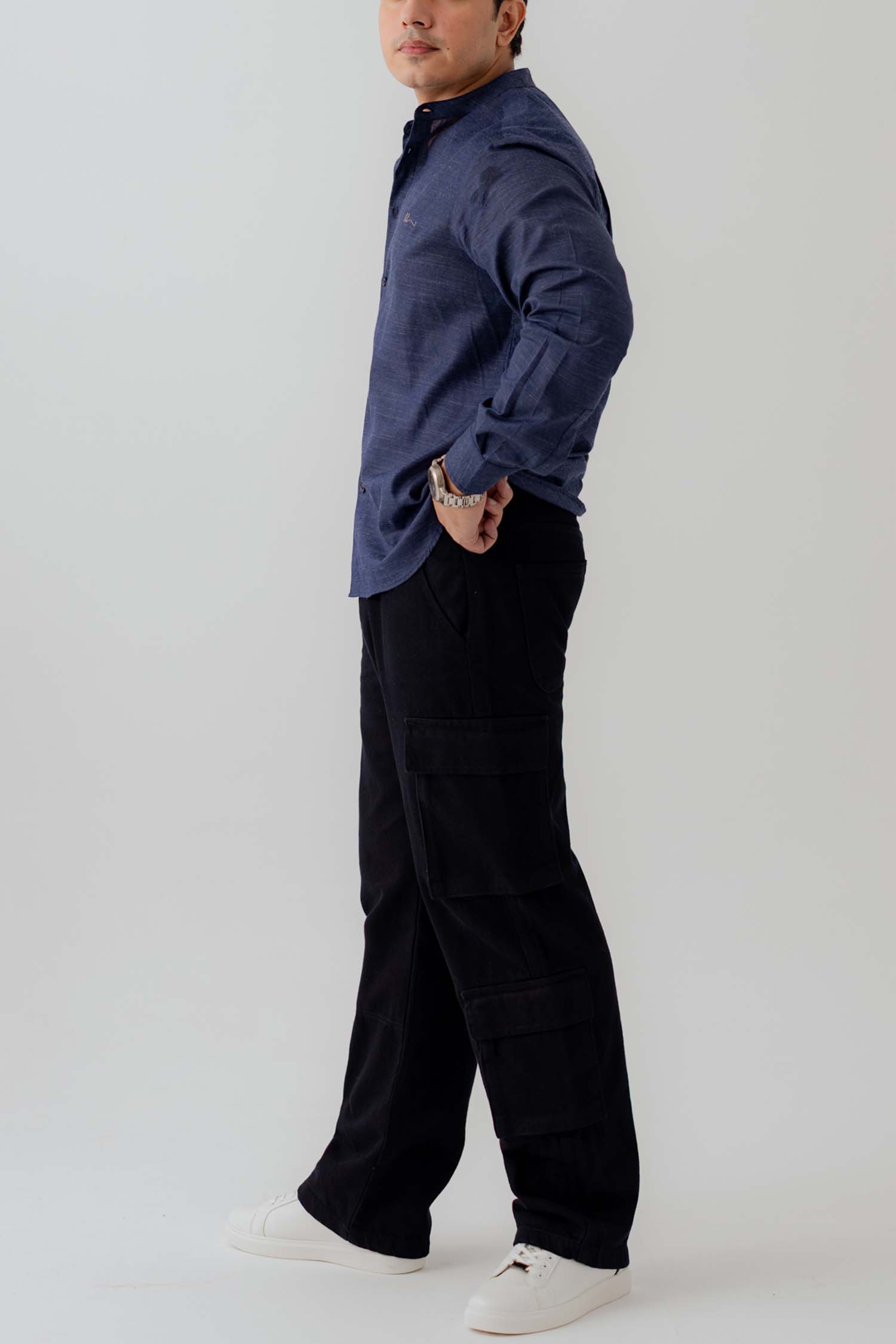 Navy Blue Band Collar Relaxed Fit Shirt - Hustle N Holla