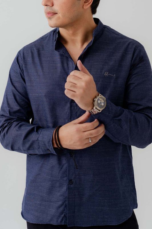 Navy Blue Band Collar Relaxed Fit Shirt - Hustle N Holla
