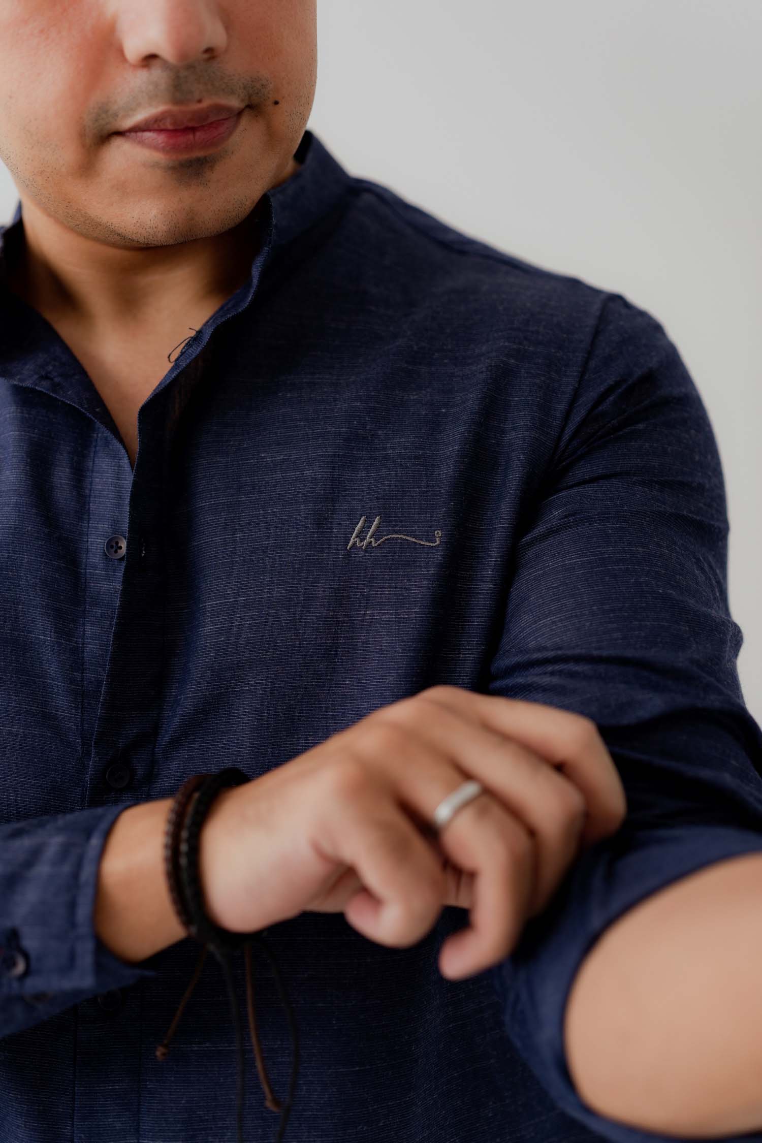 Navy Blue Band Collar Relaxed Fit Shirt - Hustle N Holla