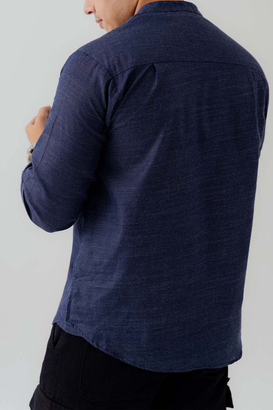 Navy Blue Band Collar Relaxed Fit Shirt - Hustle N Holla