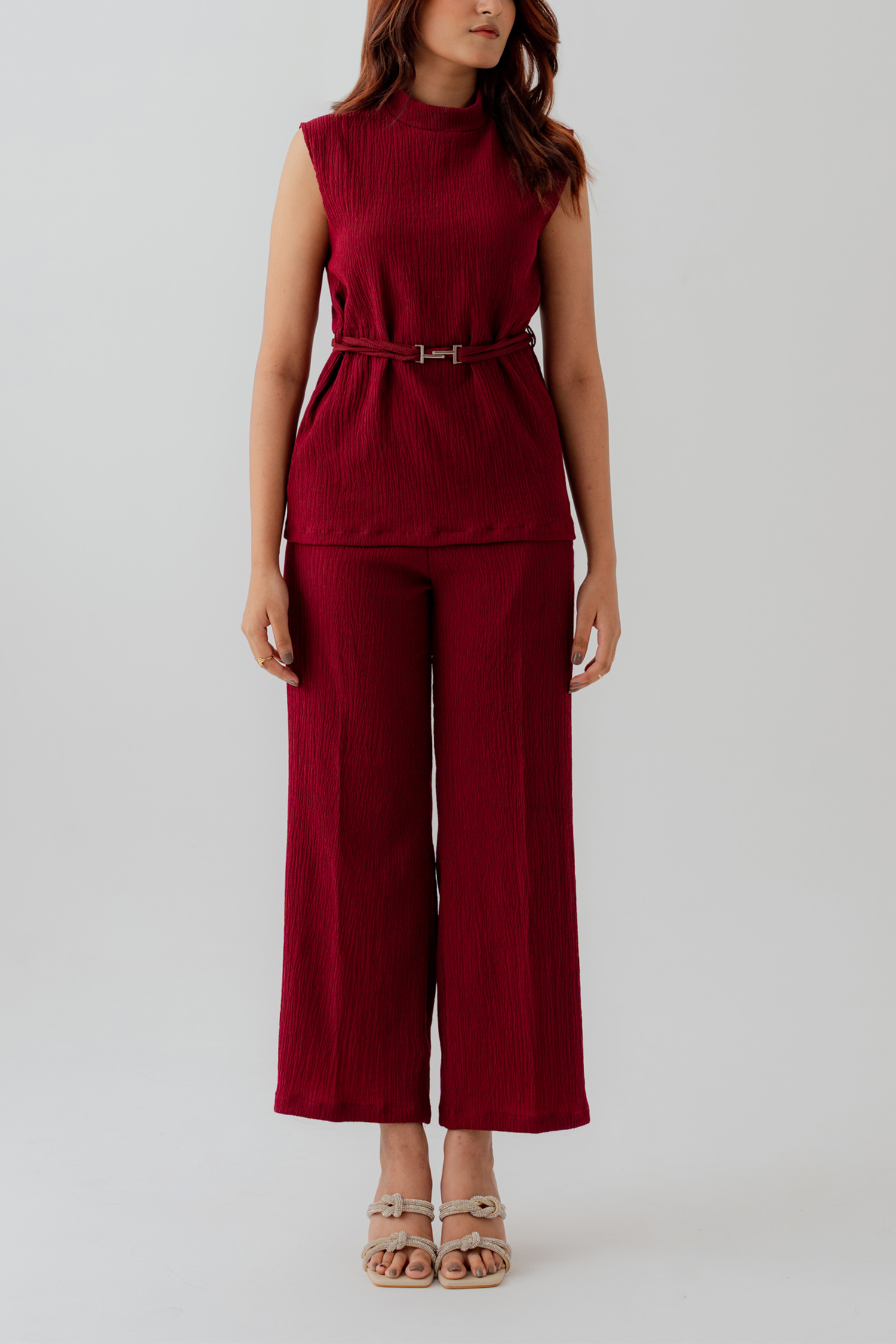 Burgundy Crinkled Straight Fit Trousers - Hustle N Holla