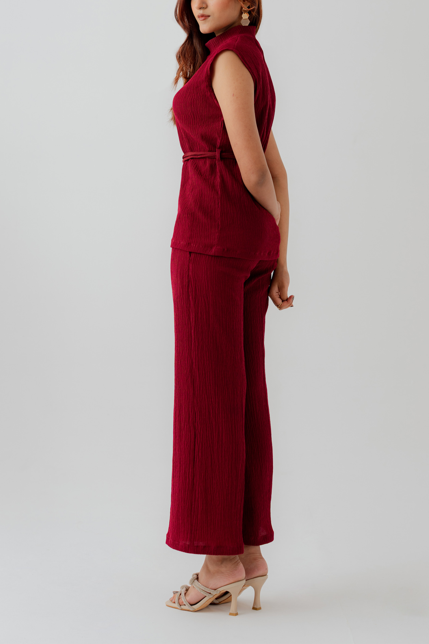 Burgundy Crinkled Straight Fit Trousers - Hustle N Holla