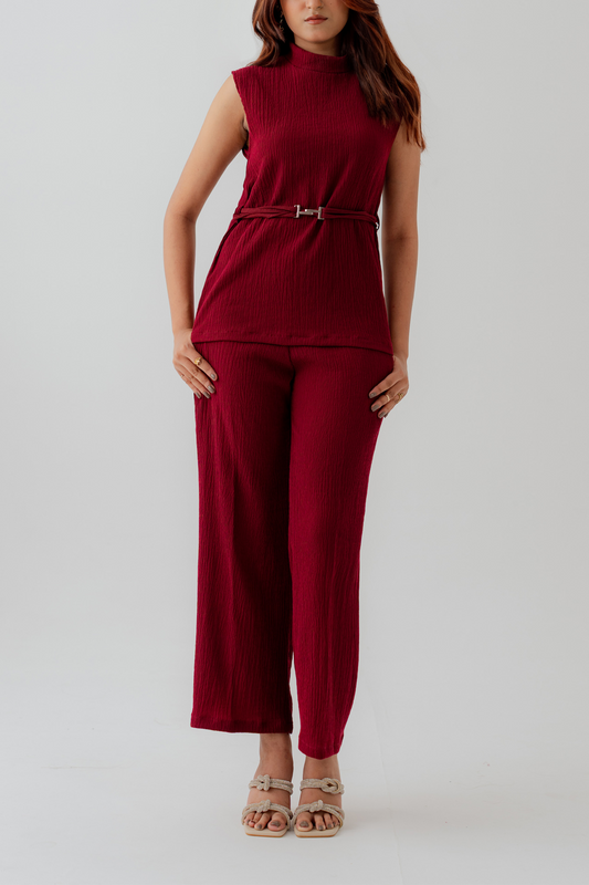 Burgundy Crinkled Straight Fit Trousers - Hustle N Holla