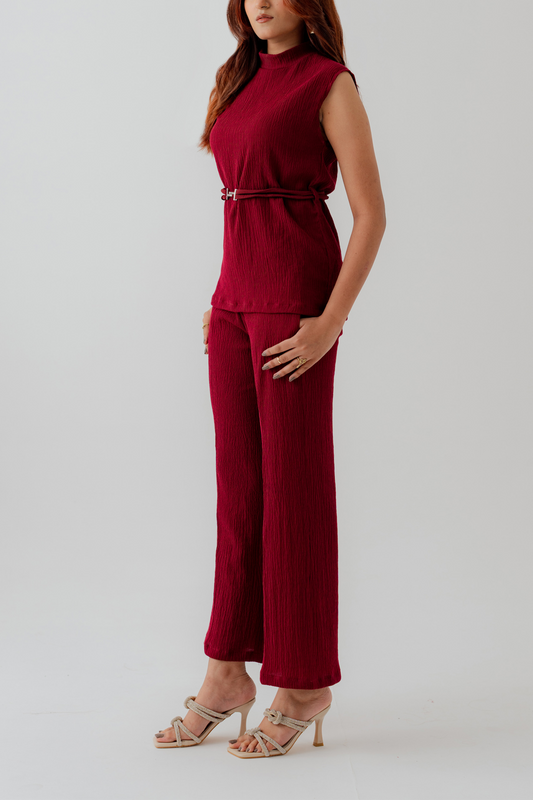 Burgundy Crinkled Straight Fit Trousers - Hustle N Holla
