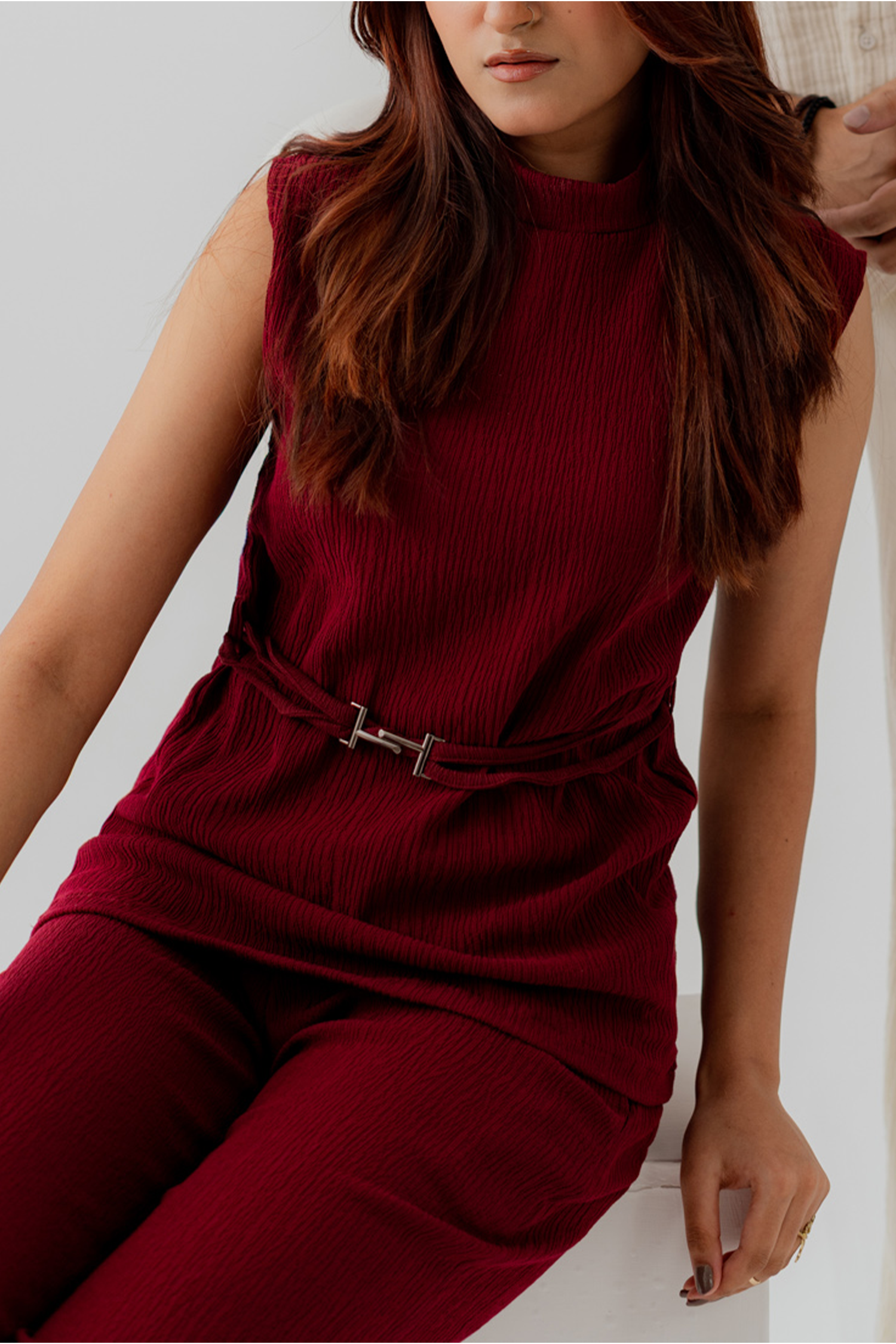 Burgundy Crinkled High Neck Regular Fit Top