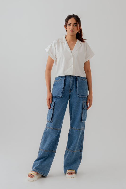 Mid Blue Denim Wide leg Cargo Pockets Jeans - Hustle N Holla