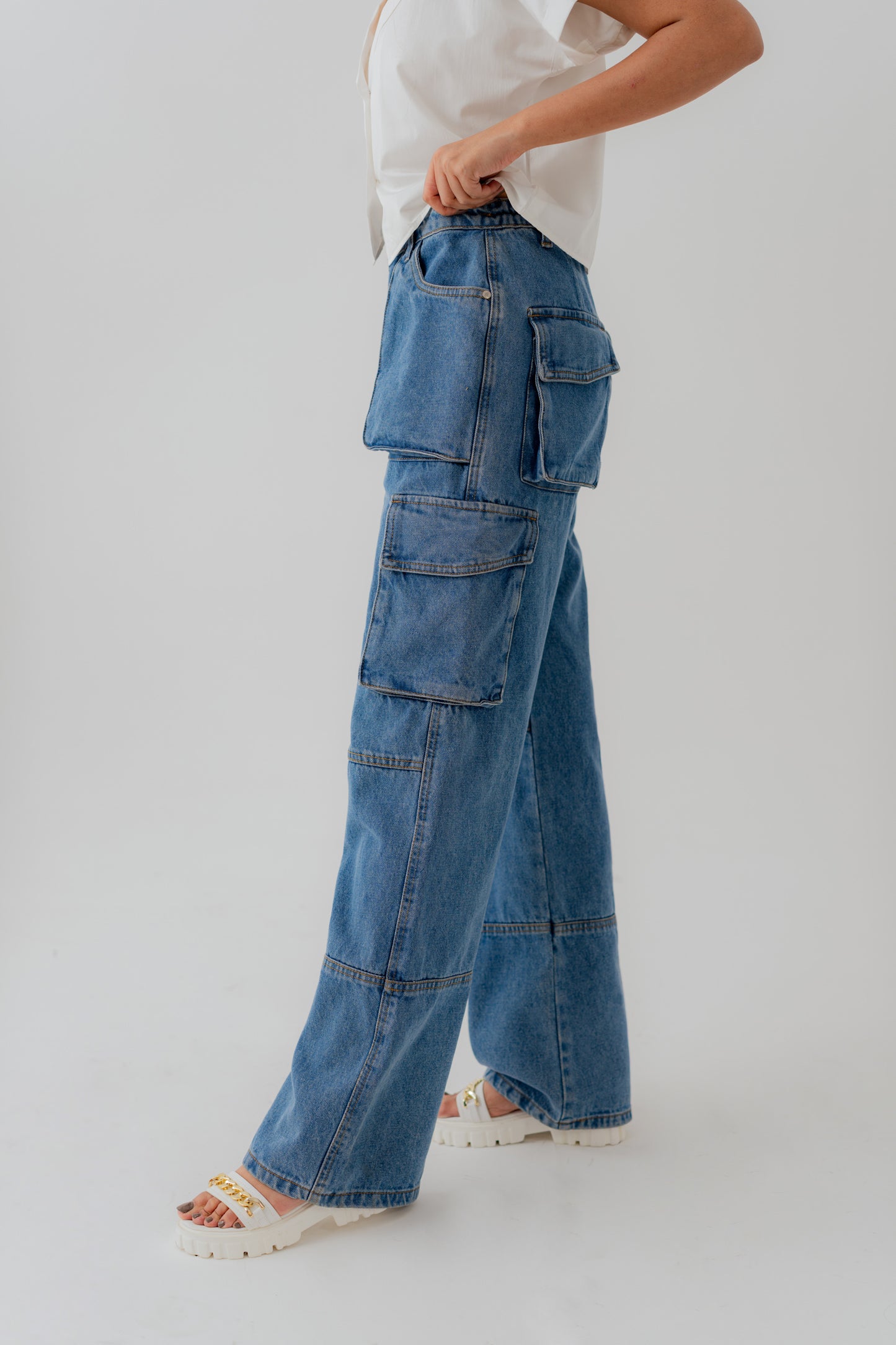 Mid Blue Denim Wide leg Cargo Pockets Jeans - Hustle N Holla