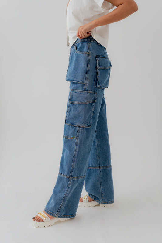 Mid Blue Denim Wide leg Cargo Pockets Jeans - Hustle N Holla
