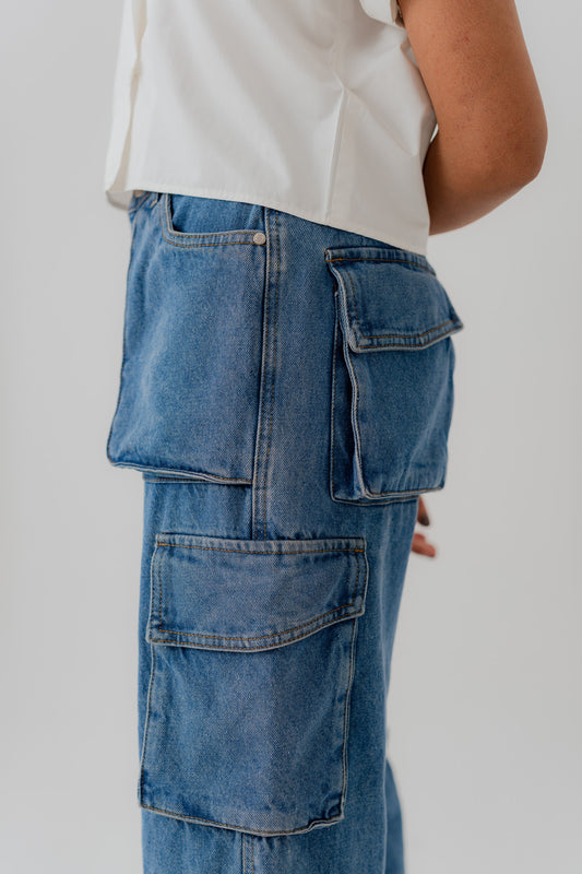 Mid Blue Denim Wide leg Cargo Pockets Jeans - Hustle N Holla