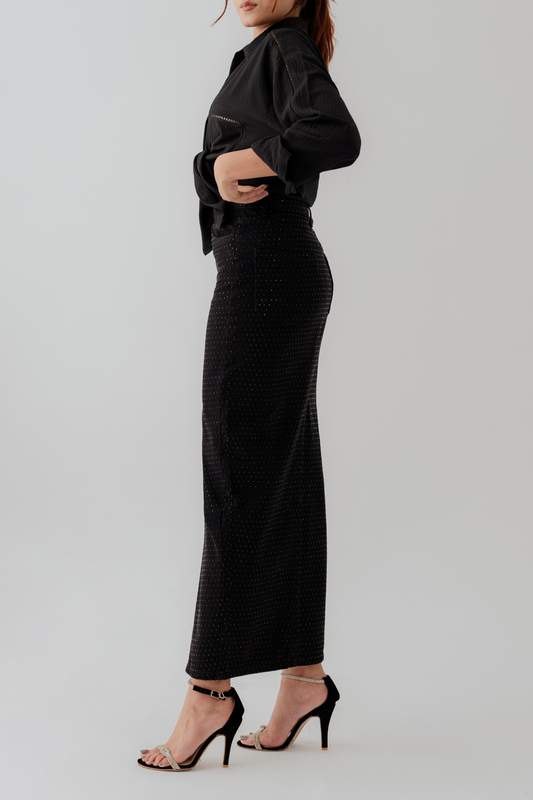 Black Denim Midi Skirt with Rhinstones