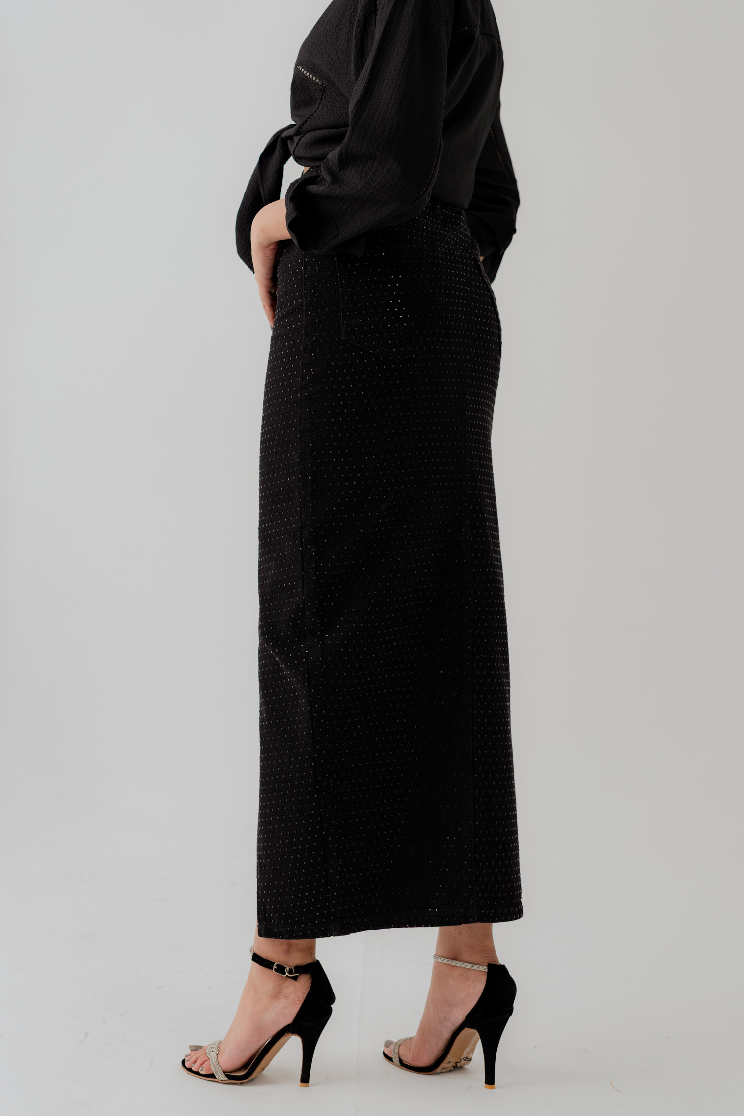 Black Denim Midi Skirt with Rhinstones - Hustle N Holla