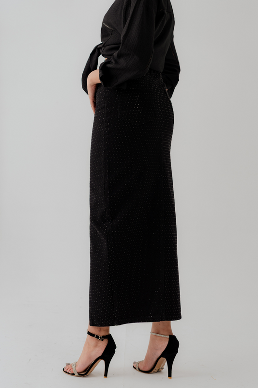 Black Denim Midi Skirt with Rhinstones