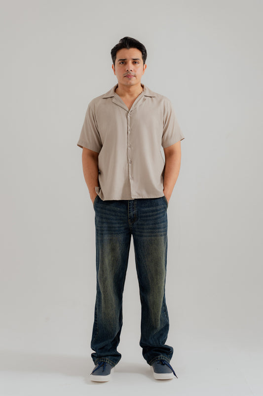 Sand Cuban Collar Relaxed Fit Shirt - Hustle N Holla