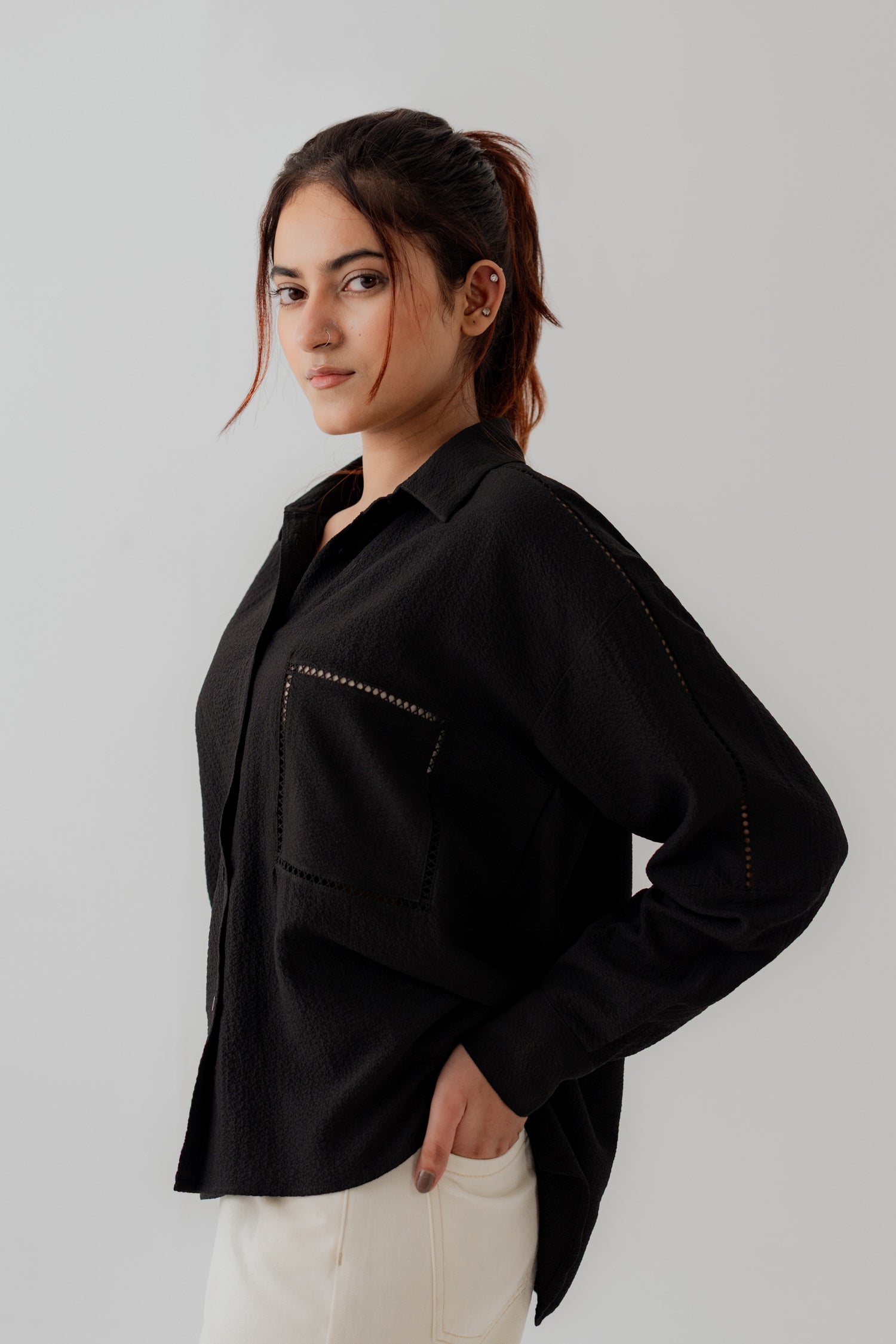 Black Laced Relax fit Button Down Shirt - Hustle N Holla