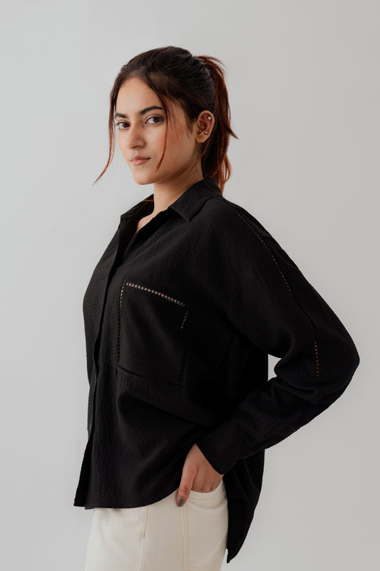 Black Laced Relax fit Button Down Shirt - Hustle N Holla