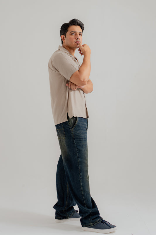 Sand Cuban Collar Relaxed Fit Shirt - Hustle N Holla