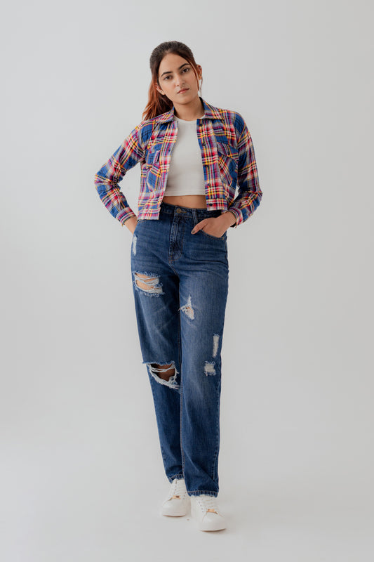 Cotton Checks Relaxed Fit Crop Button Down Shirt - Hustle N Holla