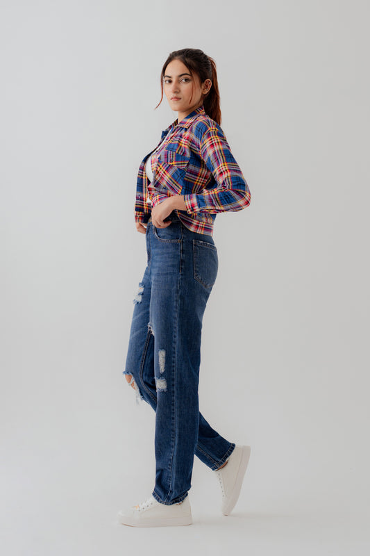 Cotton Checks Relaxed Fit Crop Button Down Shirt - Hustle N Holla