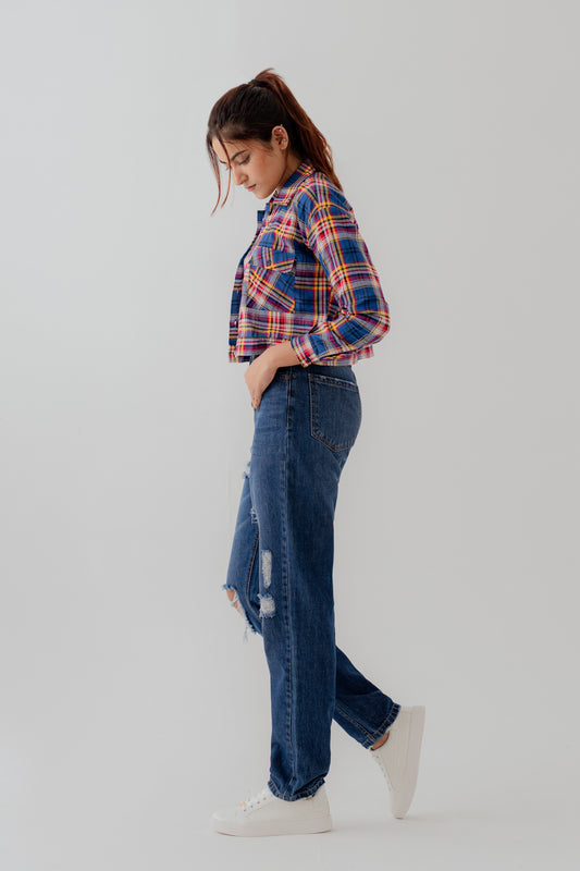 Cotton Checks Relaxed Fit Crop Button Down Shirt - Hustle N Holla