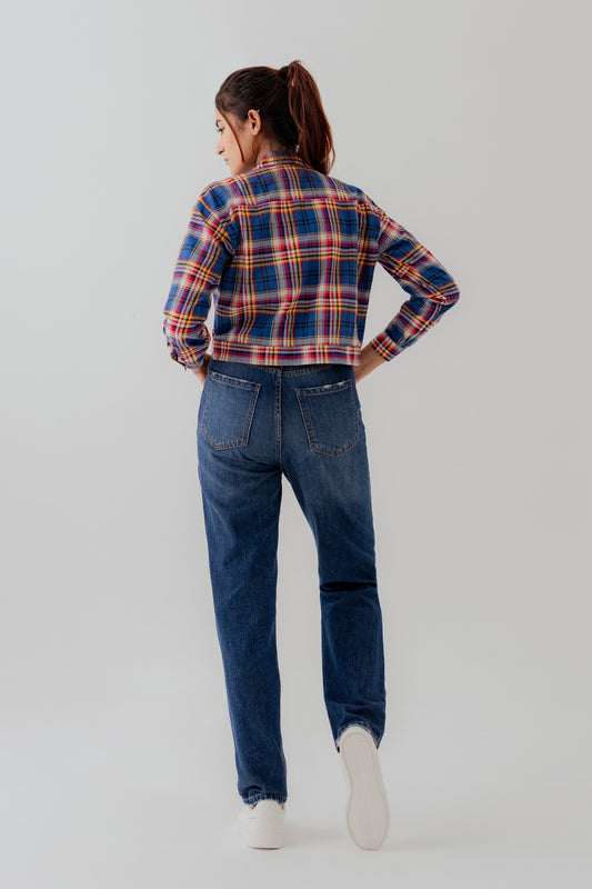 Cotton Checks Relaxed Fit Crop Button Down Shirt - Hustle N Holla