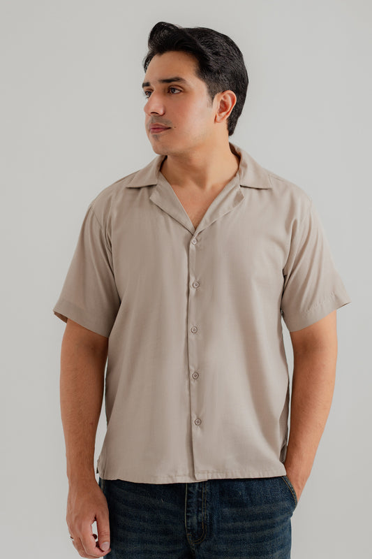 Sand Cuban Collar Relaxed Fit Shirt - Hustle N Holla