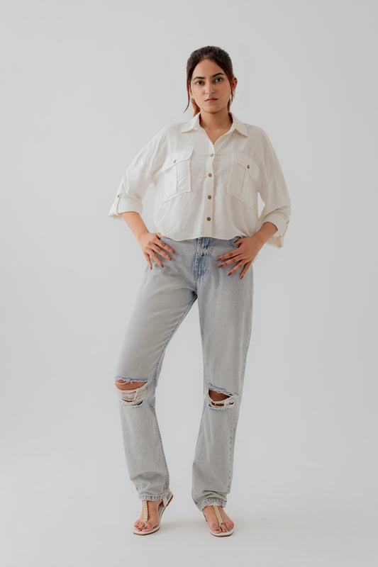 White Cotton Relaxed fit Crop Button Down Shirt - Hustle N Holla