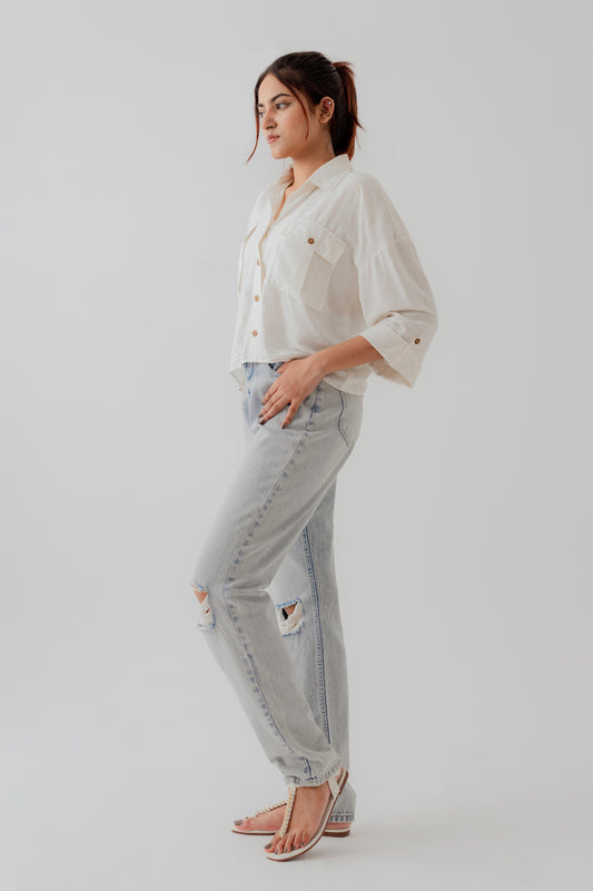 White Cotton Relaxed fit Crop Button Down Shirt - Hustle N Holla