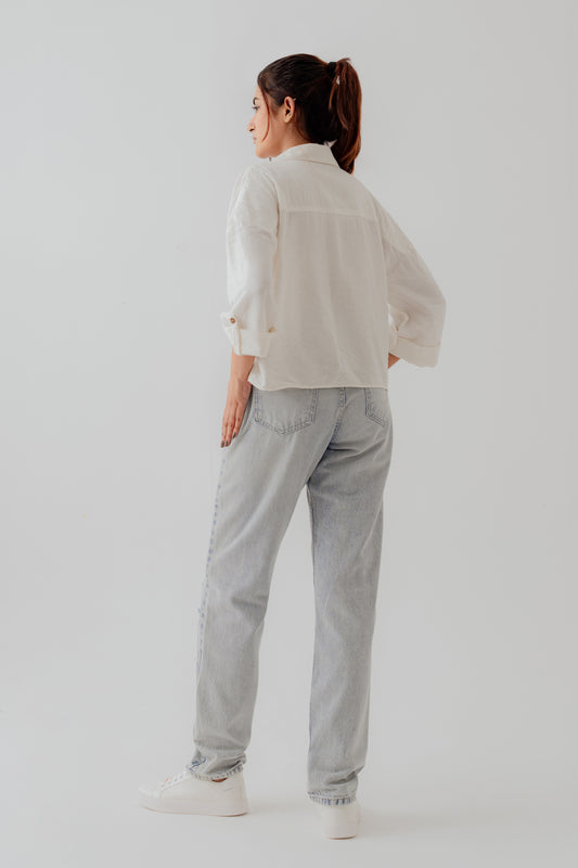White Cotton Relaxed fit Crop Button Down Shirt - Hustle N Holla