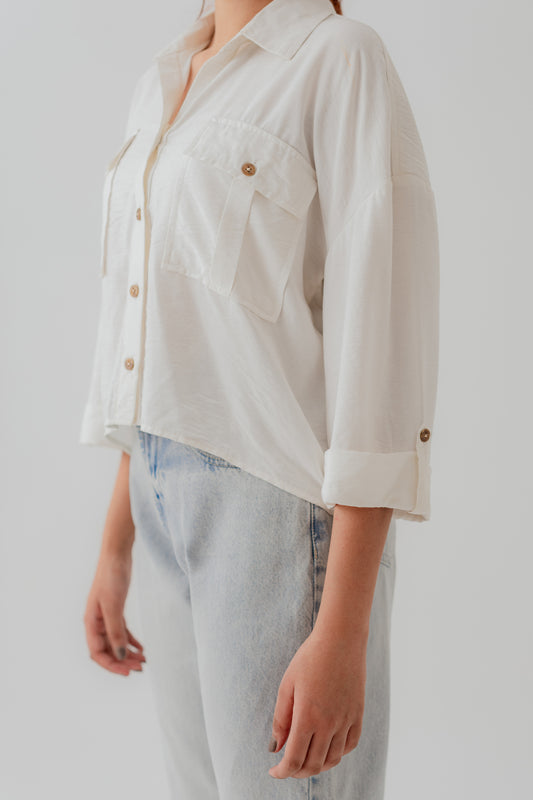 White Cotton Relaxed fit Crop Button Down Shirt - Hustle N Holla