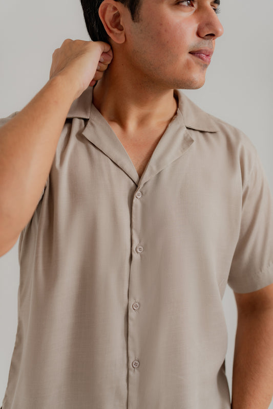 Sand Cuban Collar Relaxed Fit Shirt - Hustle N Holla
