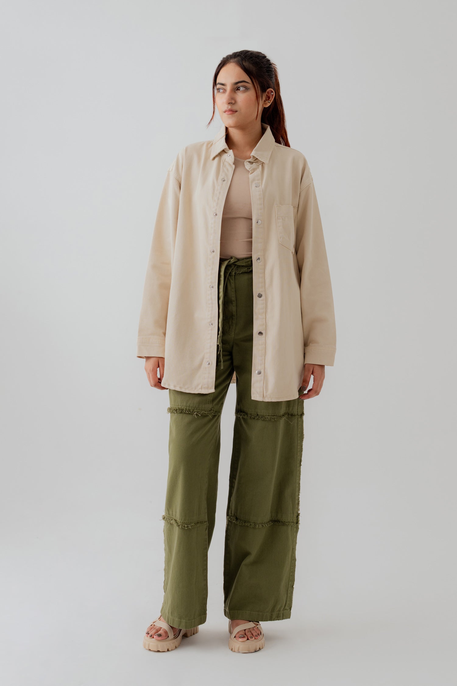 Beige Twill Relaxed Fit Shacket