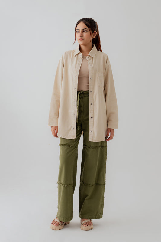 Beige Twill Relaxed Fit Shacket - Hustle N Holla
