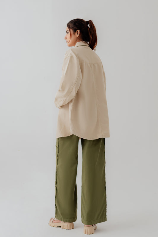 Beige Twill Relaxed Fit Shacket - Hustle N Holla