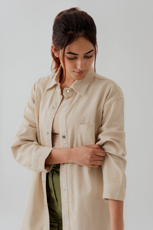 Beige Twill Relaxed Fit Shacket - Hustle N Holla