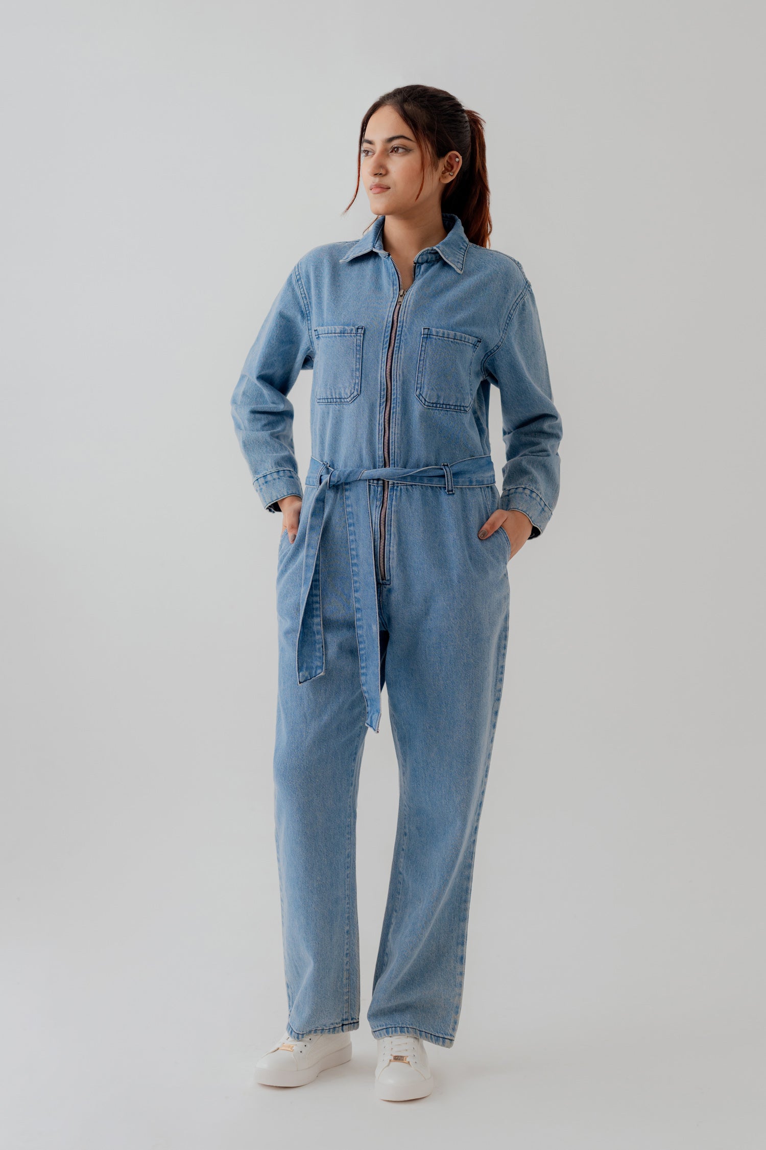 Light Wash Belted Denim Jumpsuit