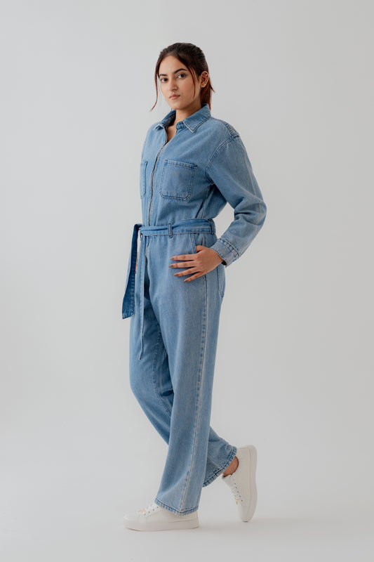 Light Wash Belted Denim Jumpsuit - Hustle N Holla
